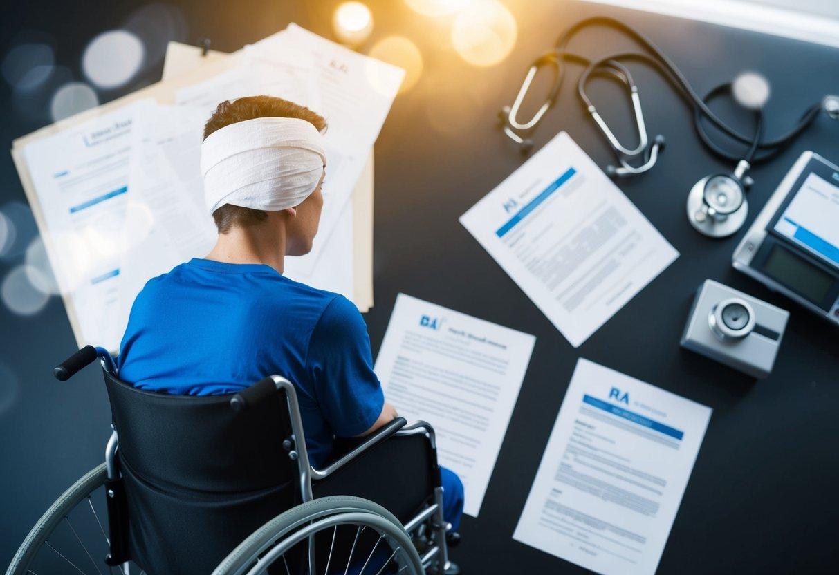 A person sitting in a wheelchair with a bandaged head, surrounded by medical equipment and legal documents